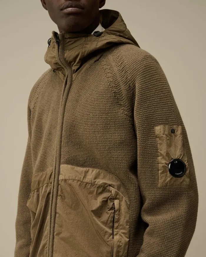 CP Company Jumpers Lambswool Mixed Hooded Full Zip Knit Walnut Beige 8211 Man
