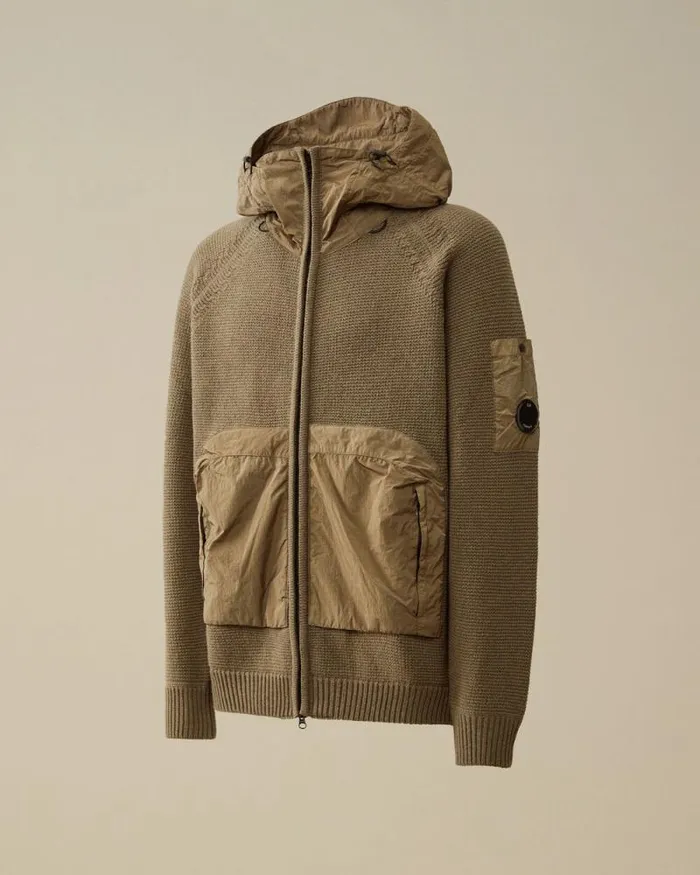 CP Company Jumpers Lambswool Mixed Hooded Full Zip Knit Walnut Beige 8211 Man