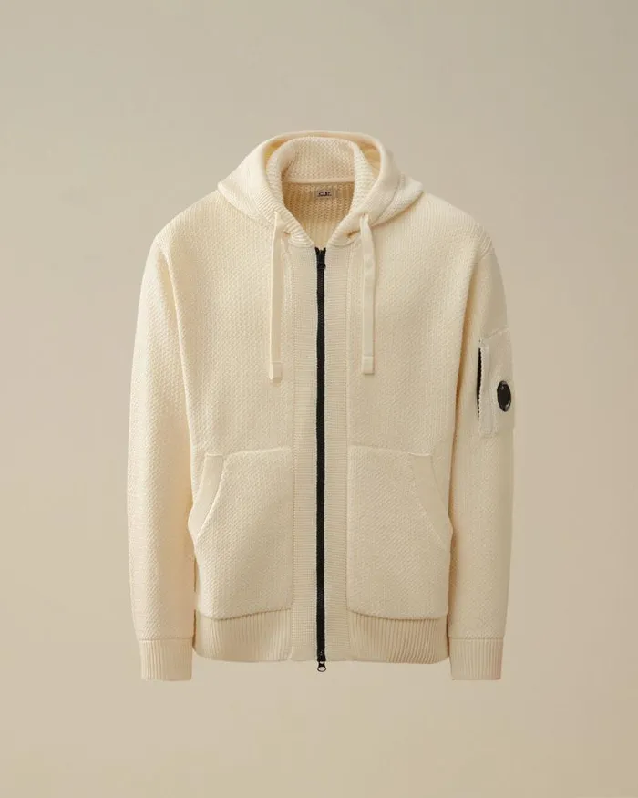 CP Company Jumpers ReWool Hooded Zipped Knit Gauze White 8211 Man