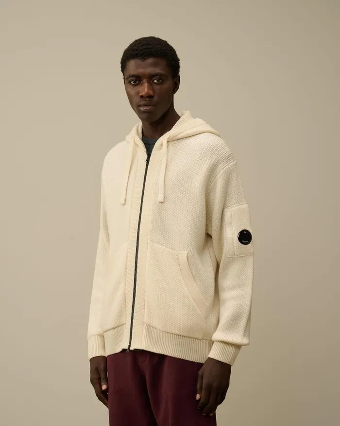 CP Company Jumpers ReWool Hooded Zipped Knit Gauze White 8211 Man