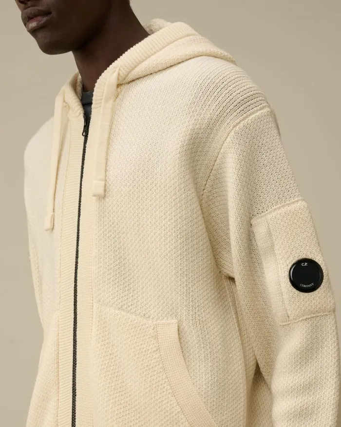 CP Company Jumpers ReWool Hooded Zipped Knit Gauze White 8211 Man