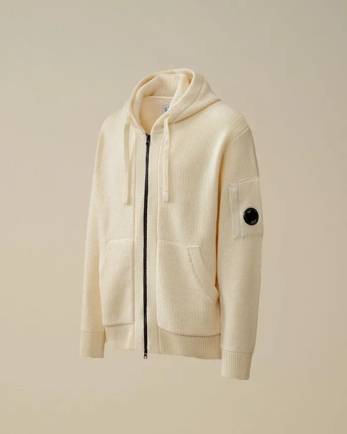 CP Company Jumpers ReWool Hooded Zipped Knit Gauze White 8211 Man