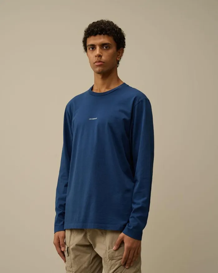 CP Company Tshirts and Polo Brushed Jersey Logo Longsleeve TShirt Estate Blue 8211 Man