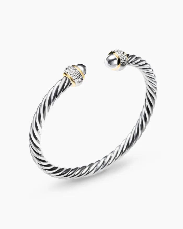 Cable Bracelet In Sterling Silver With 18K Yellow Gold And Diamonds 5mm Women David Yurman Cuff Cable Bracelet In Sterling Silver With 18K Yellow Gold And Diamonds 5mm Women David Yurman Cuff