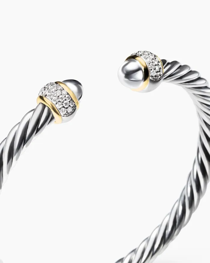 Cable Bracelet In Sterling Silver With 18K Yellow Gold And Diamonds 5mm Women David Yurman Cuff Cable Bracelet In Sterling Silver With 18K Yellow Gold And Diamonds 5mm Women David Yurman Cuff
