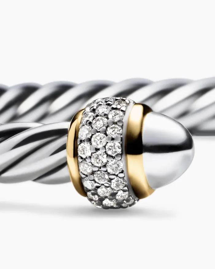 Cable Bracelet In Sterling Silver With 18K Yellow Gold And Diamonds 5mm Women David Yurman Cuff Cable Bracelet In Sterling Silver With 18K Yellow Gold And Diamonds 5mm Women David Yurman Cuff