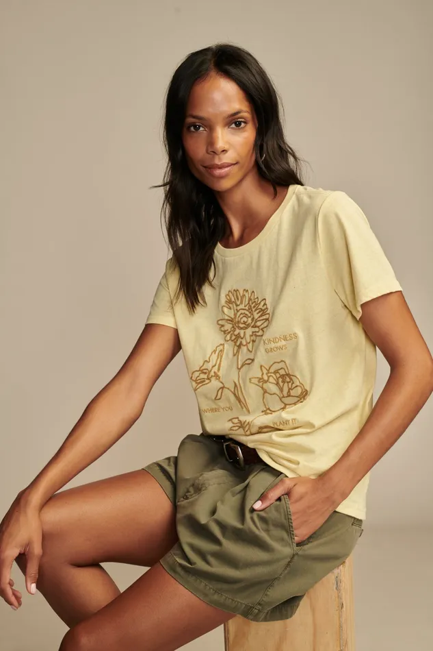 Chain Stitch Floral Classic Crew Lemon Grass Women Lucky Brand Graphic Tees