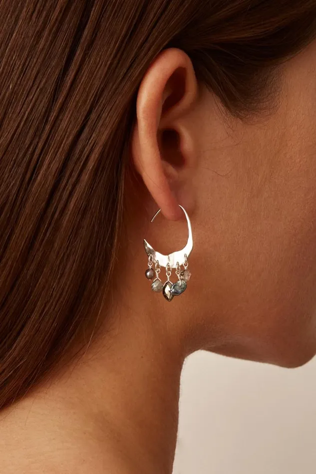 Chan Luu Earrings Women Petite Crescent Grey Pearl And Labradorite Mix Silver Hoop Earrings