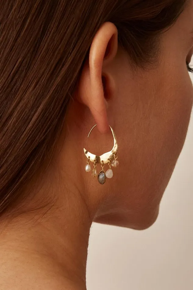 Chan Luu Earrings Women Petite Crescent White Pearl And Citrine Mix Gold Hoop Earrings