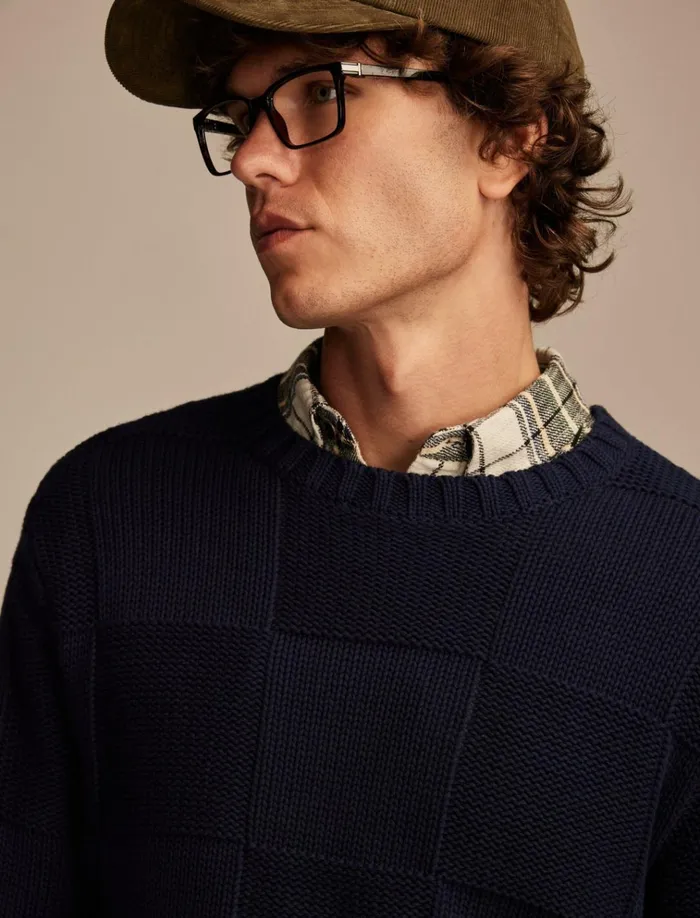 Check Stitch Crew Neck Sweater Ocean Deep Men Lucky Brand Sweaters