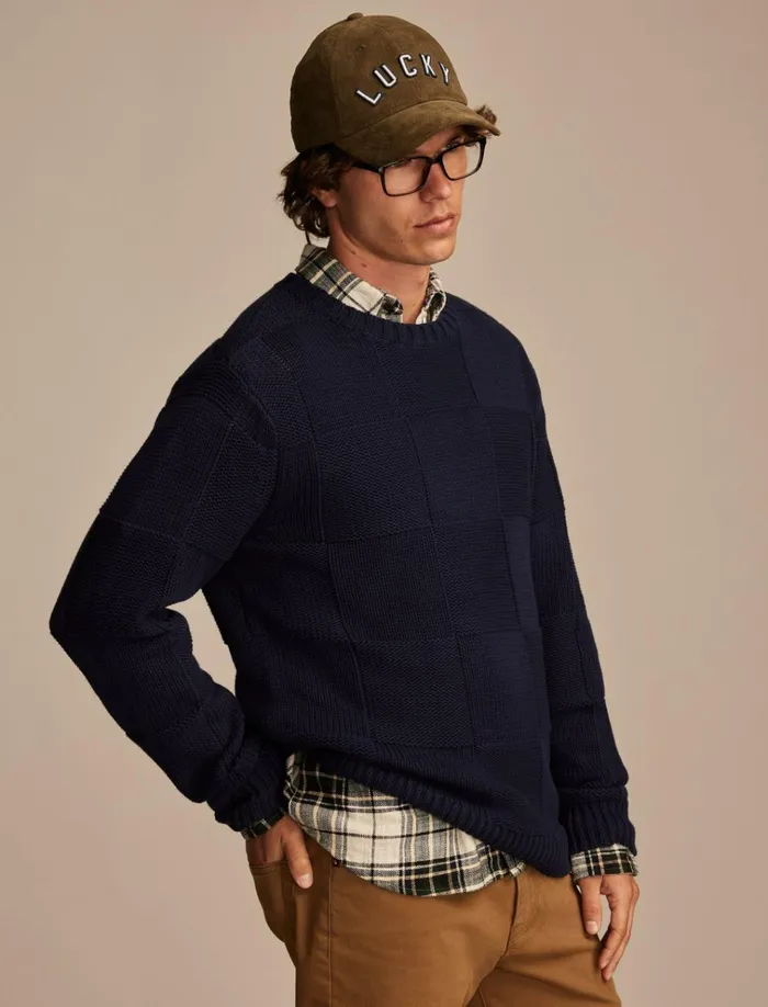 Check Stitch Crew Neck Sweater Ocean Deep Men Lucky Brand Sweaters