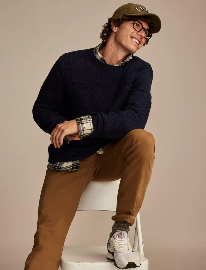 Check Stitch Crew Neck Sweater Ocean Deep Men Lucky Brand Sweaters