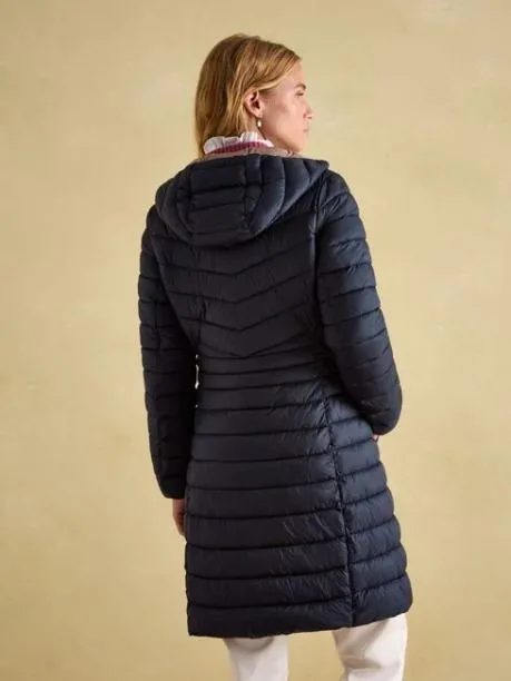 Coats and Jackets Women Joules Navy Showerproof Long Padded Coat With Hood