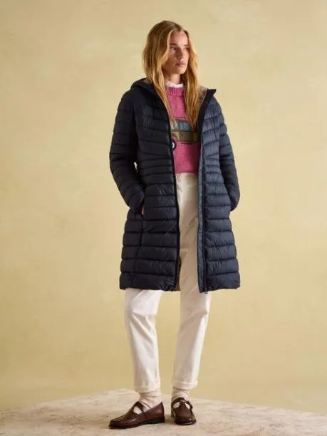 Coats and Jackets Women Joules Navy Showerproof Long Padded Coat With Hood