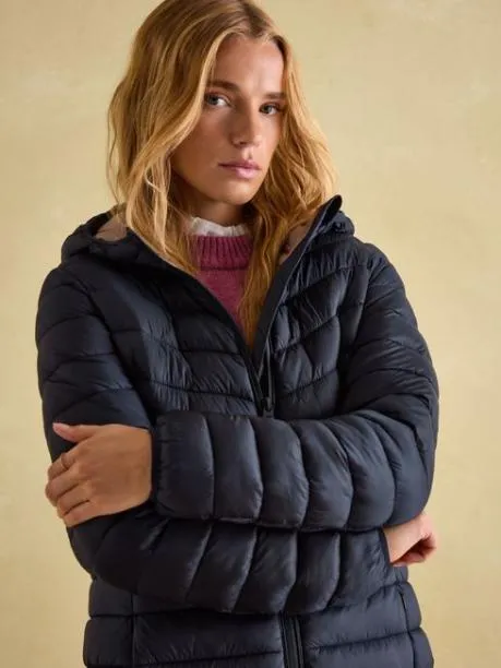Coats and Jackets Women Joules Navy Showerproof Long Padded Coat With Hood