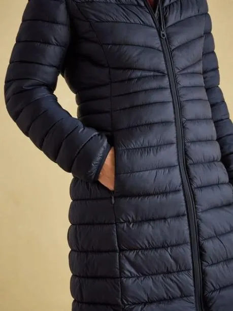 Coats and Jackets Women Joules Navy Showerproof Long Padded Coat With Hood