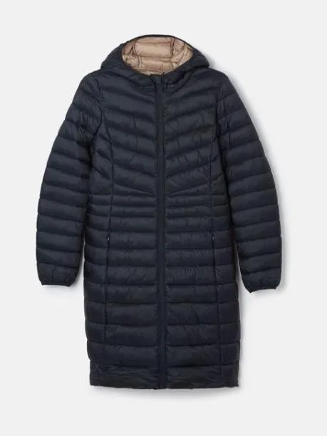 Coats and Jackets Women Joules Navy Showerproof Long Padded Coat With Hood