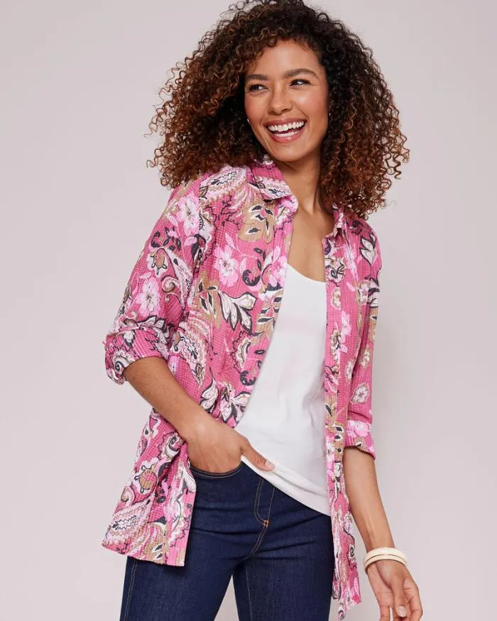 Cotton Traders Shirts and Blouses Seersucker Long Sleeve Print Shirt 8211 Women