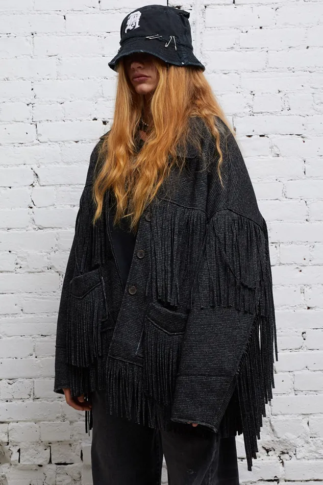 Crockett Fringe Jacket 8211 Grey Houndstooth Women Jackets and Coats R13