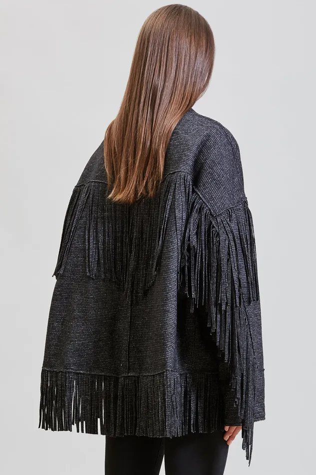 Crockett Fringe Jacket 8211 Grey Houndstooth Women Jackets and Coats R13