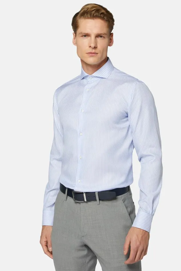 Dress Shirts Men Boggi Milano Regular Fit Sky Blue Striped Dobby Cotton Shirt Light Blu