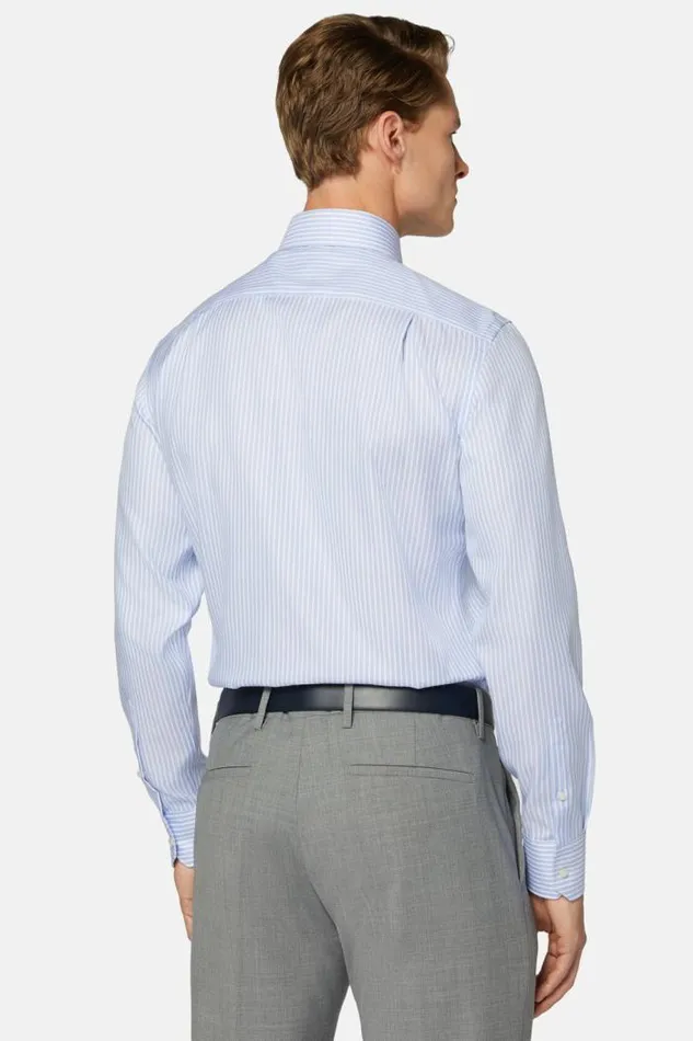 Dress Shirts Men Boggi Milano Regular Fit Sky Blue Striped Dobby Cotton Shirt Light Blu