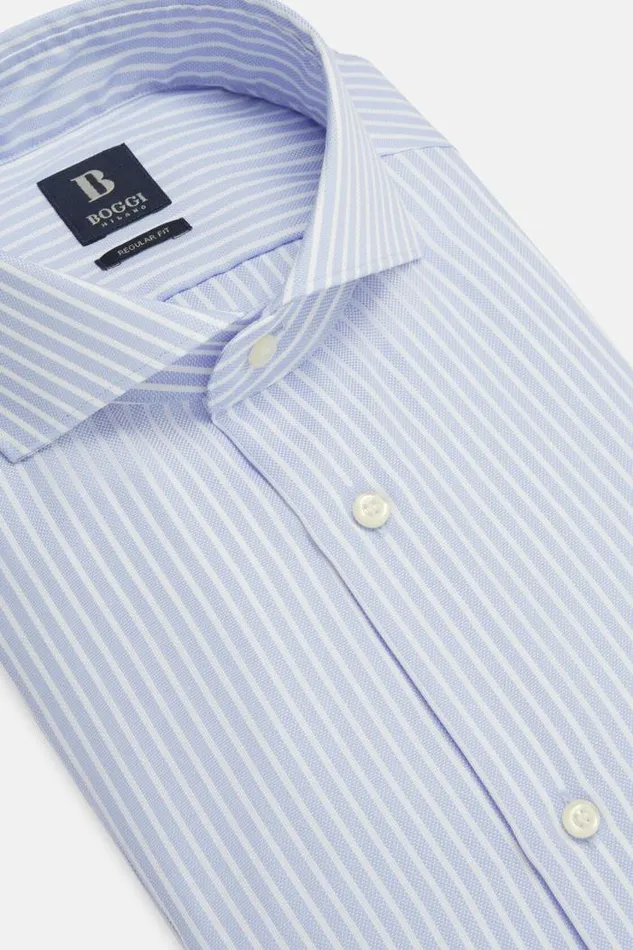 Dress Shirts Men Boggi Milano Regular Fit Sky Blue Striped Dobby Cotton Shirt Light Blu