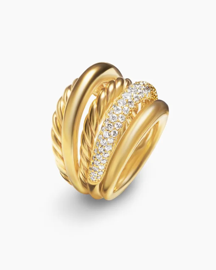 DY Mercer Multi Row Ring In 18K Yellow Gold With Diamonds 21mm Women David Yurman Statement DY Mercer Multi Row Ring In 18K Yellow Gold With Diamonds 21mm Women David Yurman Statement
