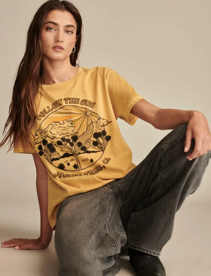 Follow The Sun Joshua Tree Boyfriend Tee Mustard Gold Women Lucky Brand Graphic Tees