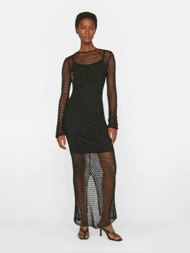 Frame Beaded Crochet Dress In Noir Noir Women Dresses and Jumpsuits