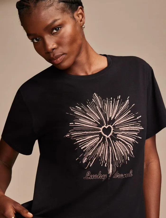 Heart Burst Classic Crew Jet Black Women Lucky Brand Graphic Tees