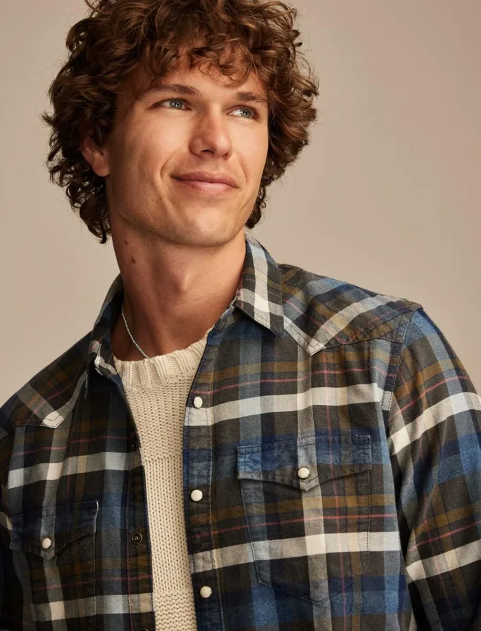 Indigo Plaid Western Long Sleeve Shirt Indigo Brown Plaid Men Lucky Brand ButtonDowns