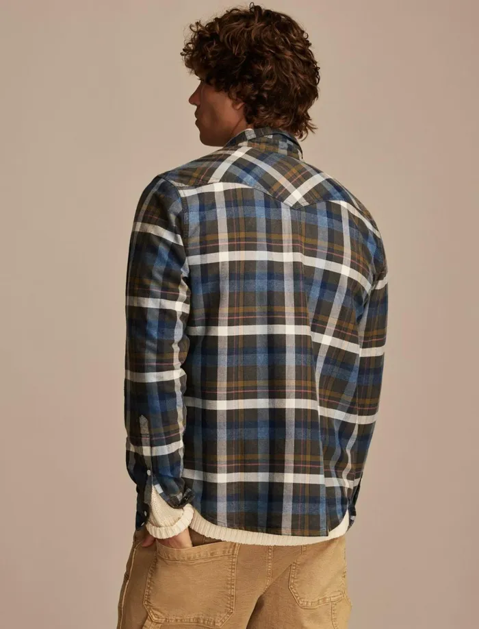 Indigo Plaid Western Long Sleeve Shirt Indigo Brown Plaid Men Lucky Brand ButtonDowns