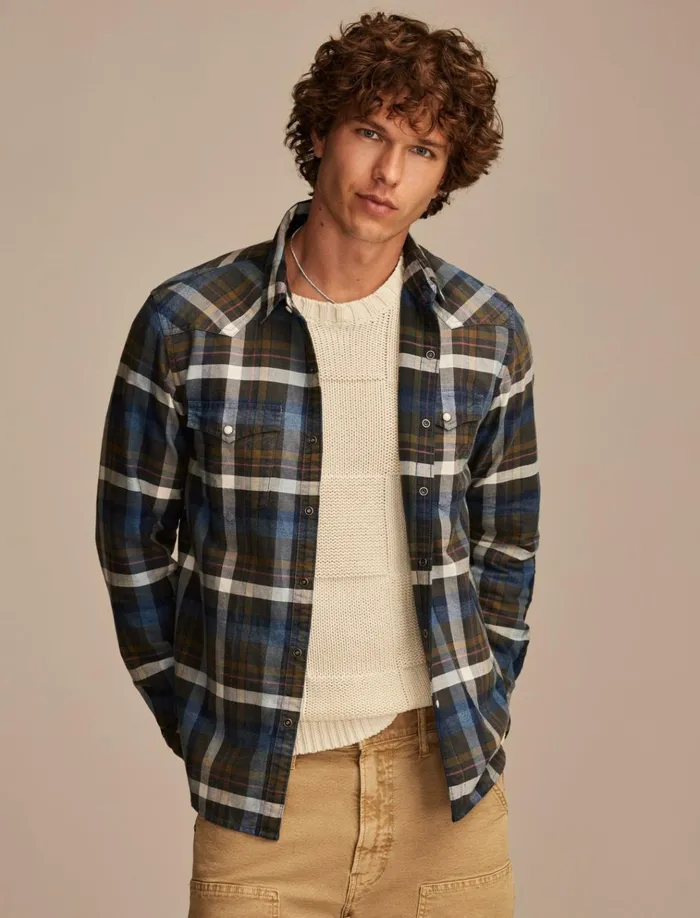 Indigo Plaid Western Long Sleeve Shirt Indigo Brown Plaid Men Lucky Brand ButtonDowns