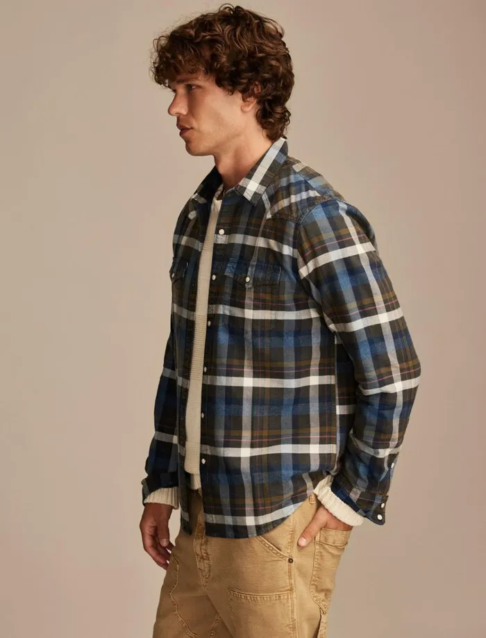 Indigo Plaid Western Long Sleeve Shirt Indigo Brown Plaid Men Lucky Brand ButtonDowns