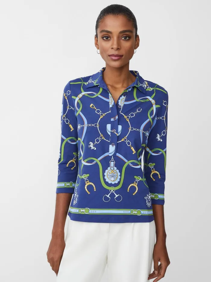 JMclaughlin Court 34 Sleeve Polo In Fairfax Crest Navygreenblue Women Shirts and Tops