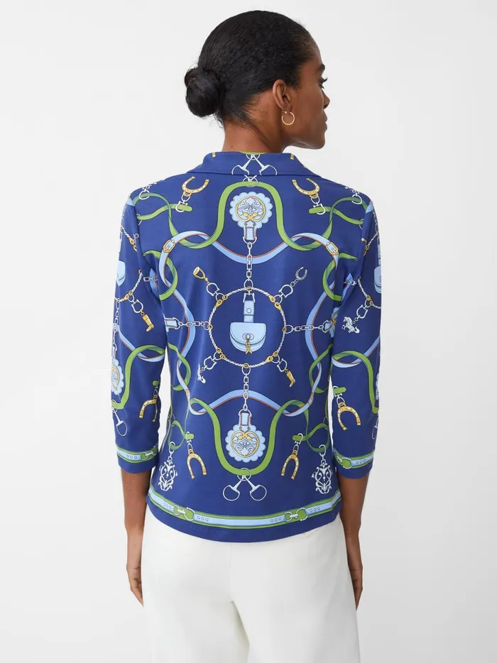 JMclaughlin Court 34 Sleeve Polo In Fairfax Crest Navygreenblue Women Shirts and Tops