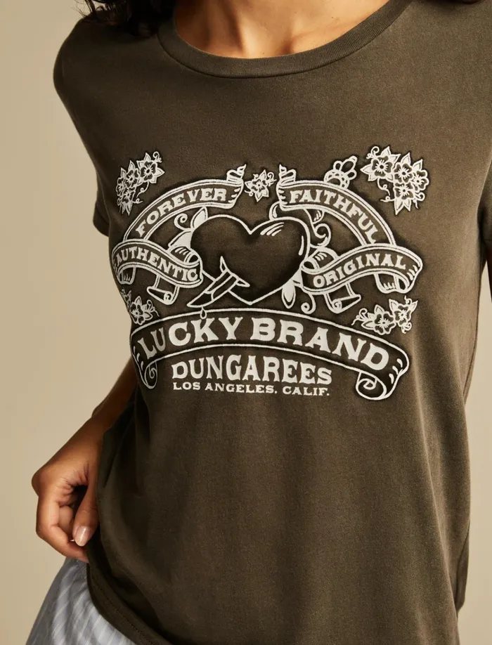 Lucky Forever Faithful Classic Crew Black Olive Women Lucky Brand Graphic Tees