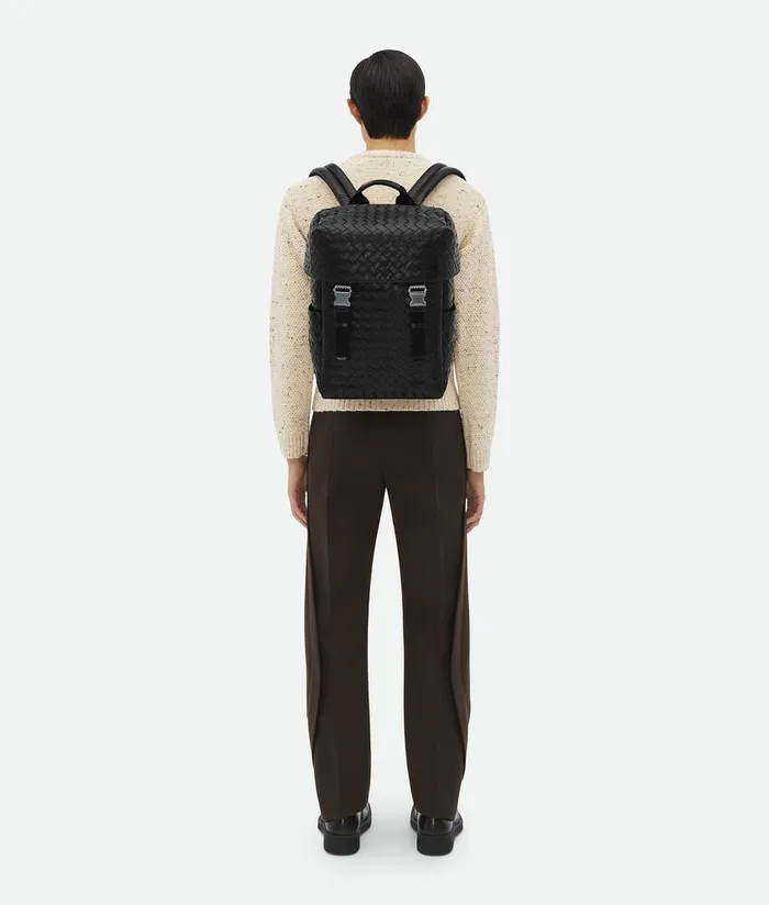 Men Bottega Veneta Backpack Intrecciato Flap Backpack Black