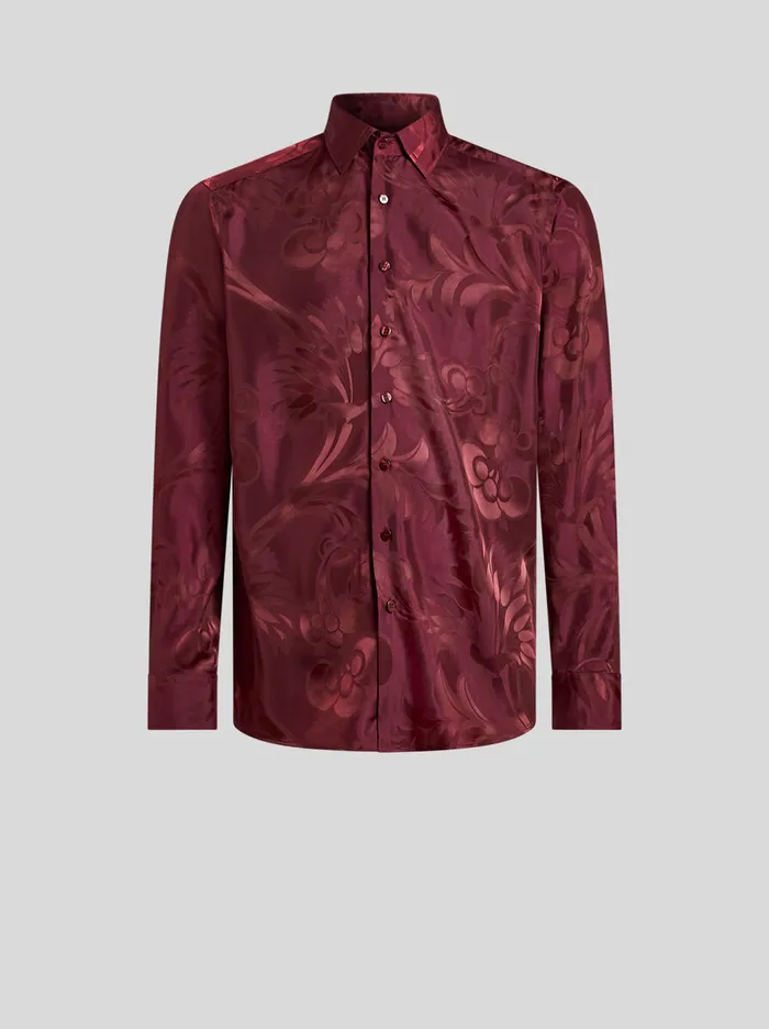 Men Etro Shirts Floral Leafy Jacquard Roma Shirt Burgundy