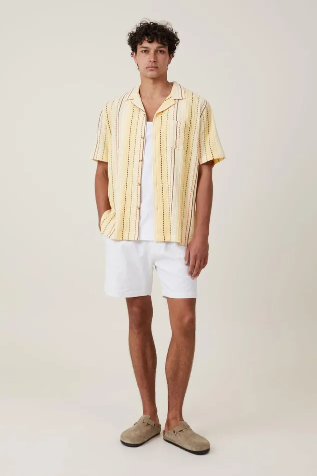 Men Shirts and Polos Cotton On Riviera Short Sleeve Shirt Yellow Pop Stripe Men Shirts and Polos Cotton On Riviera Short Sleeve Shirt Yellow Pop Stripe