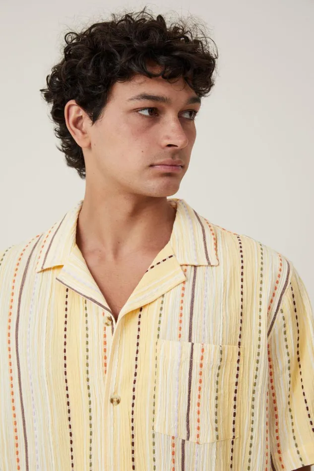 Men Shirts and Polos Cotton On Riviera Short Sleeve Shirt Yellow Pop Stripe Men Shirts and Polos Cotton On Riviera Short Sleeve Shirt Yellow Pop Stripe