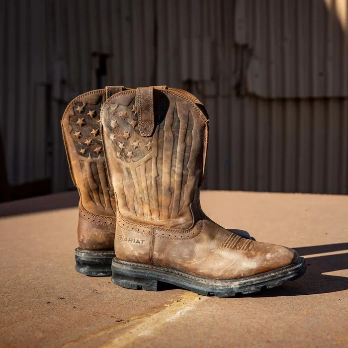 Men Western Boots Ariat Sierra Shock Shield Patriot Work Boot Distressed Brown
