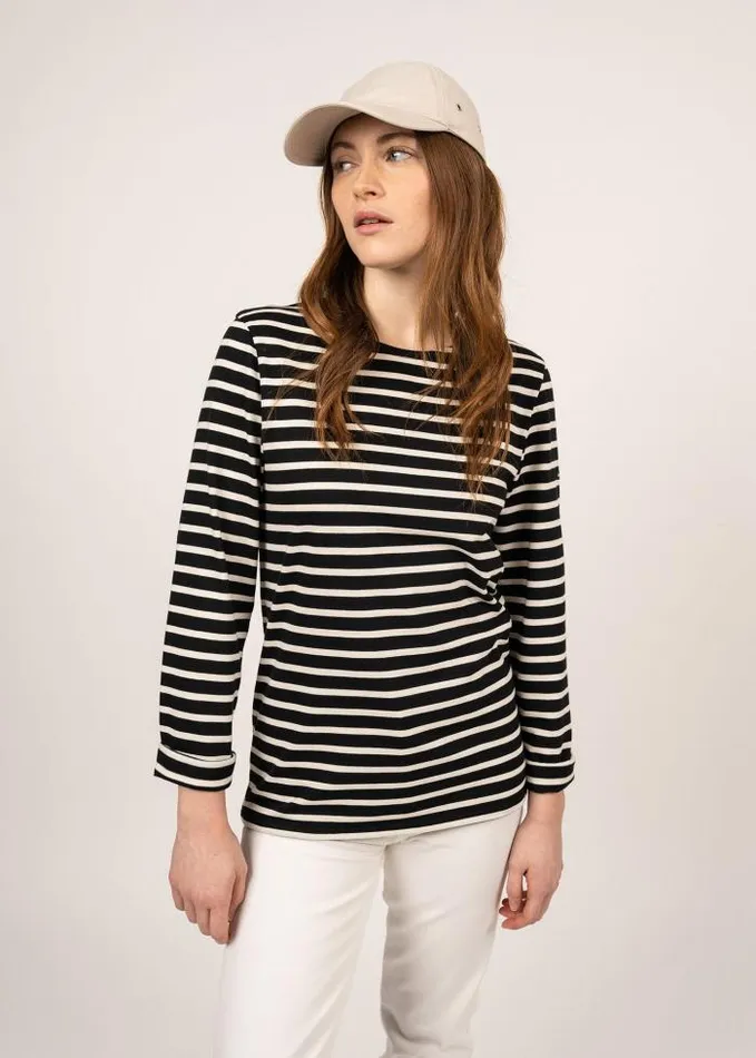 MenWomen Breton Striped Shirts Saint James MINQUIERS MODERN Black Ecru