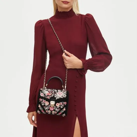 Midi Mayfair Bag Bird and Floral Hand Embroidery On Velvet Women Aspinal Of London Shoulder