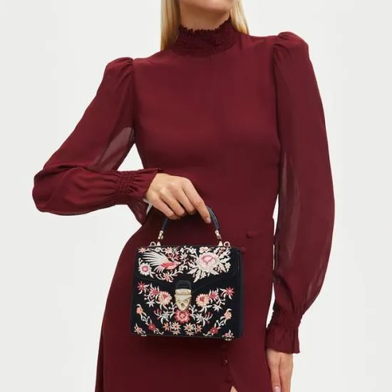 Midi Mayfair Bag Bird and Floral Hand Embroidery On Velvet Women Aspinal Of London Shoulder