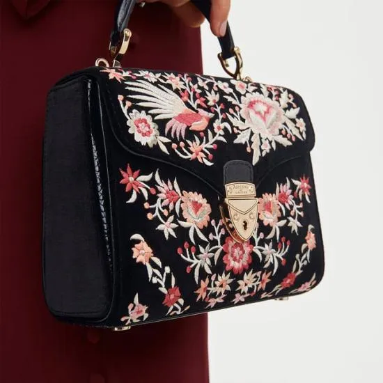 Midi Mayfair Bag Bird and Floral Hand Embroidery On Velvet Women Aspinal Of London Shoulder