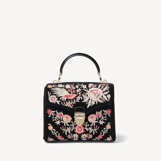 Midi Mayfair Bag Bird and Floral Hand Embroidery On Velvet Women Aspinal Of London Shoulder
