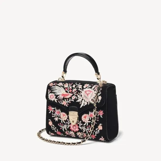 Midi Mayfair Bag Bird and Floral Hand Embroidery On Velvet Women Aspinal Of London Shoulder