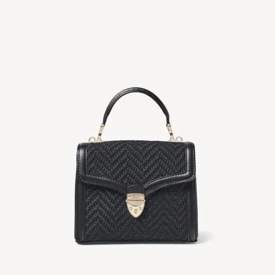 Midi Mayfair Bag Black Chevron Raffia and Smooth Black Women Aspinal Of London Shoulder